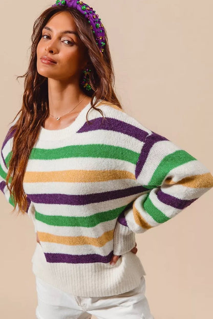 SO ME Mardi Gras Color Stripe Round Neck Sweater Top - Bitsy Gypsy Boutique