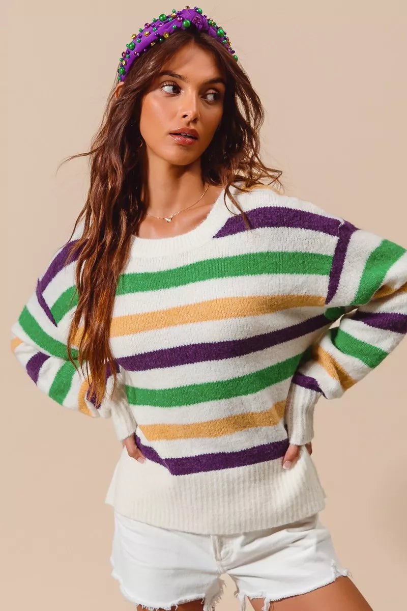SO ME Mardi Gras Color Stripe Round Neck Sweater Top - Bitsy Gypsy Boutique