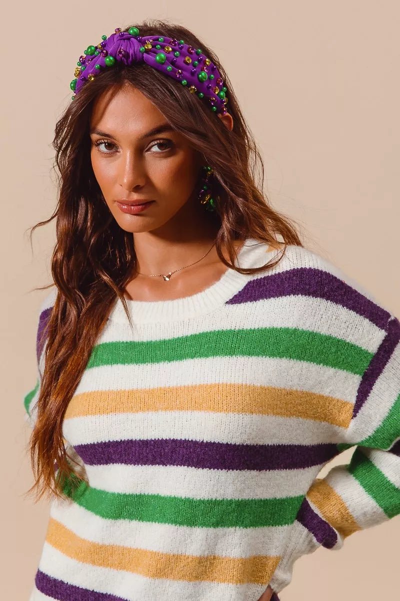 SO ME Mardi Gras Color Stripe Round Neck Sweater Top - Bitsy Gypsy Boutique