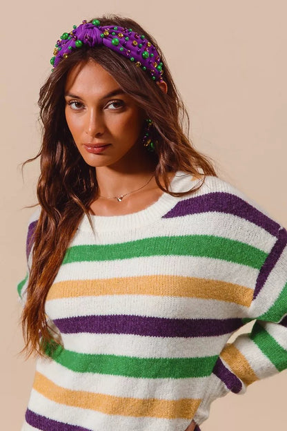 SO ME Mardi Gras Color Stripe Round Neck Sweater Top - Bitsy Gypsy Boutique