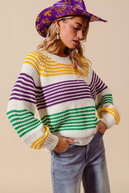 SO ME Mardi Gras Color Striped Raglan Sweater Top - Bitsy Gypsy Boutique