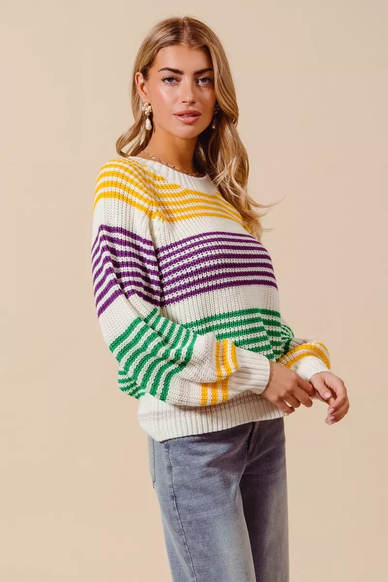 SO ME Mardi Gras Color Striped Raglan Sweater Top - Bitsy Gypsy Boutique