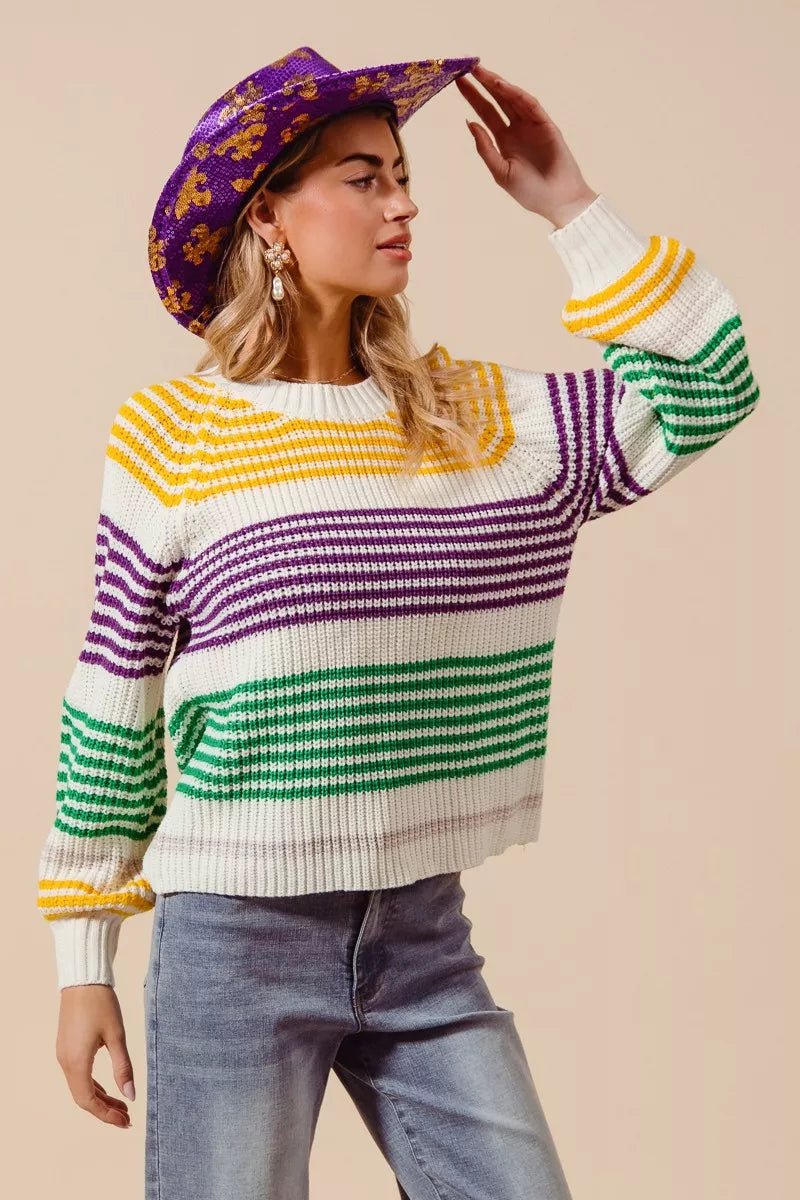 SO ME Mardi Gras Color Striped Raglan Sweater Top - Bitsy Gypsy Boutique