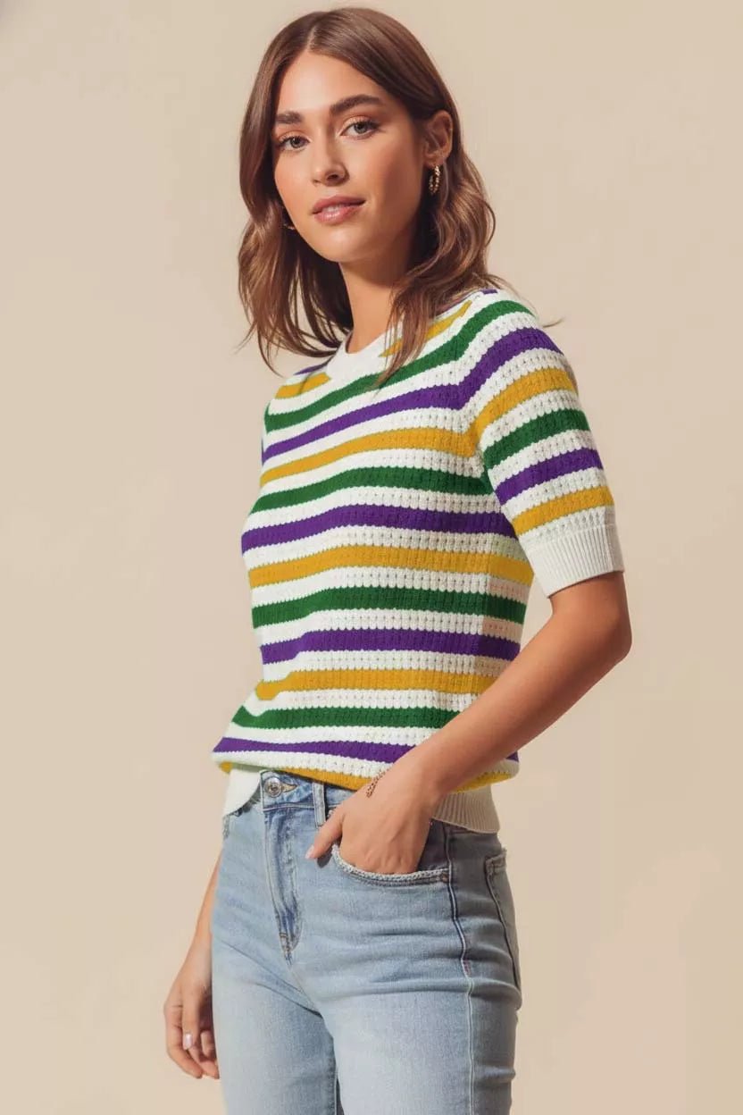 SO ME Mardi Gras Crew Neck Stripe Breathable Sweater - Bitsy Gypsy Boutique