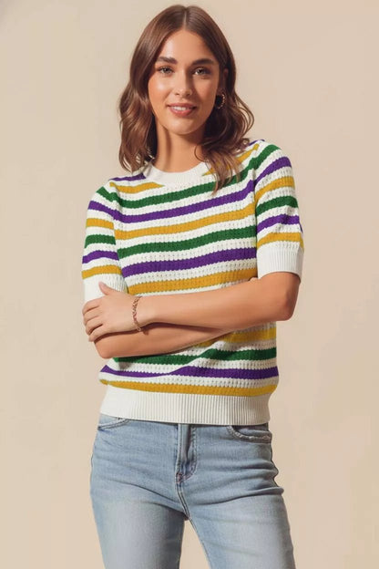 SO ME Mardi Gras Crew Neck Stripe Breathable Sweater - Bitsy Gypsy Boutique