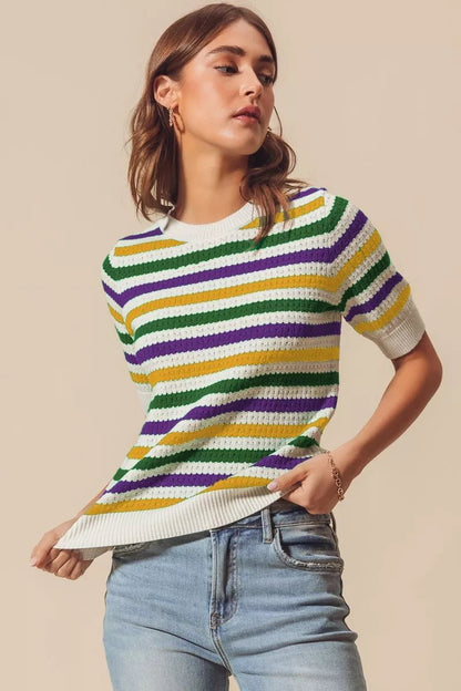 SO ME Mardi Gras Crew Neck Stripe Breathable Sweater - Bitsy Gypsy Boutique