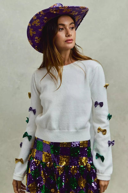 SO ME Mardi Gras Glitter Bow Ribbon Sweater Knit Top - Bitsy Gypsy Boutique