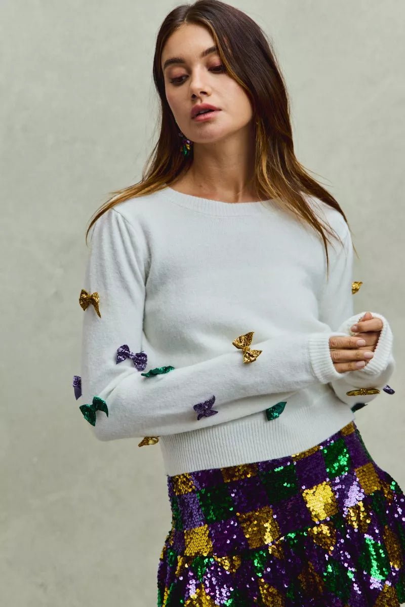 SO ME Mardi Gras Glitter Bow Ribbon Sweater Knit Top - Bitsy Gypsy Boutique