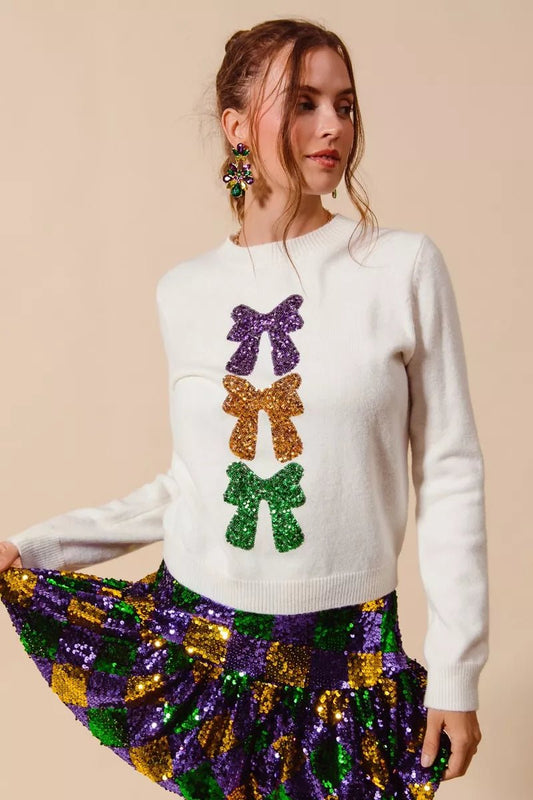 SO ME Mardi Gras Sequins Bow Ribbon Embellished Sweater - Bitsy Gypsy Boutique