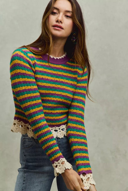 SO ME Mardi Gras Striped Cropped Knit Top with Crochet Edge - Bitsy Gypsy Boutique