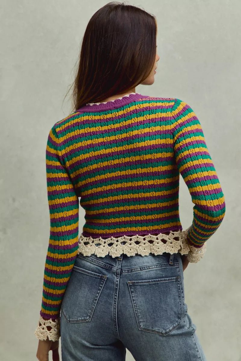 SO ME Mardi Gras Striped Cropped Knit Top with Crochet Edge - Bitsy Gypsy Boutique