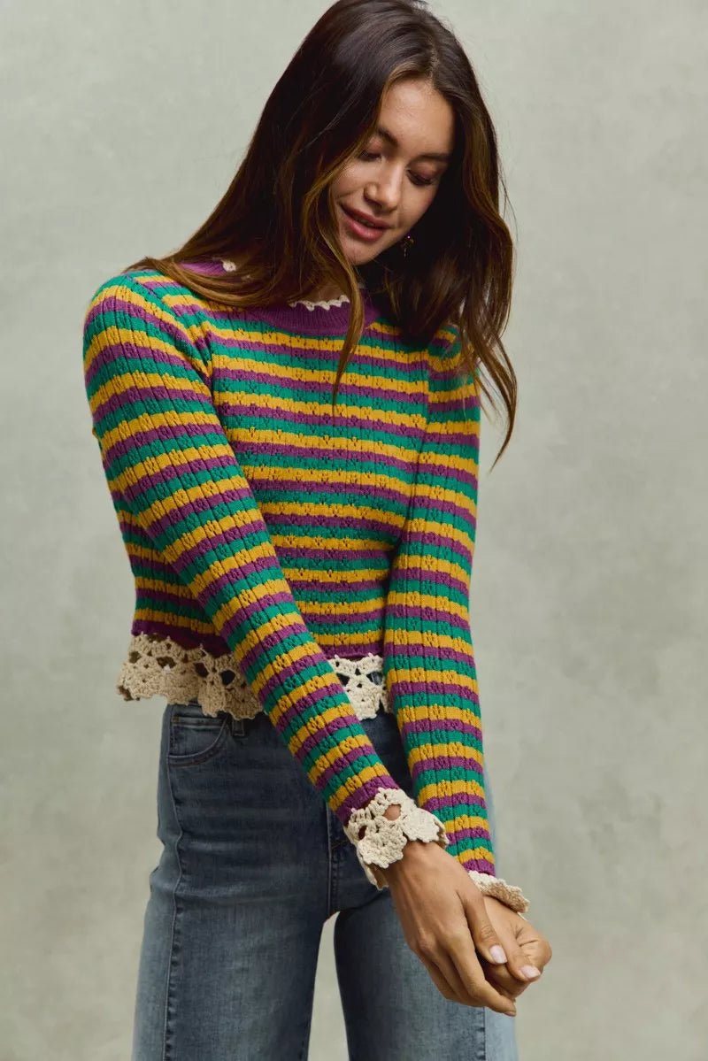 SO ME Mardi Gras Striped Cropped Knit Top with Crochet Edge - Bitsy Gypsy Boutique