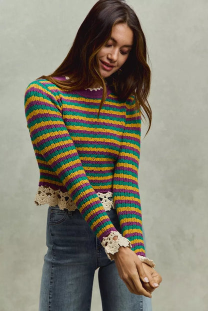 SO ME Mardi Gras Striped Cropped Knit Top with Crochet Edge - Bitsy Gypsy Boutique