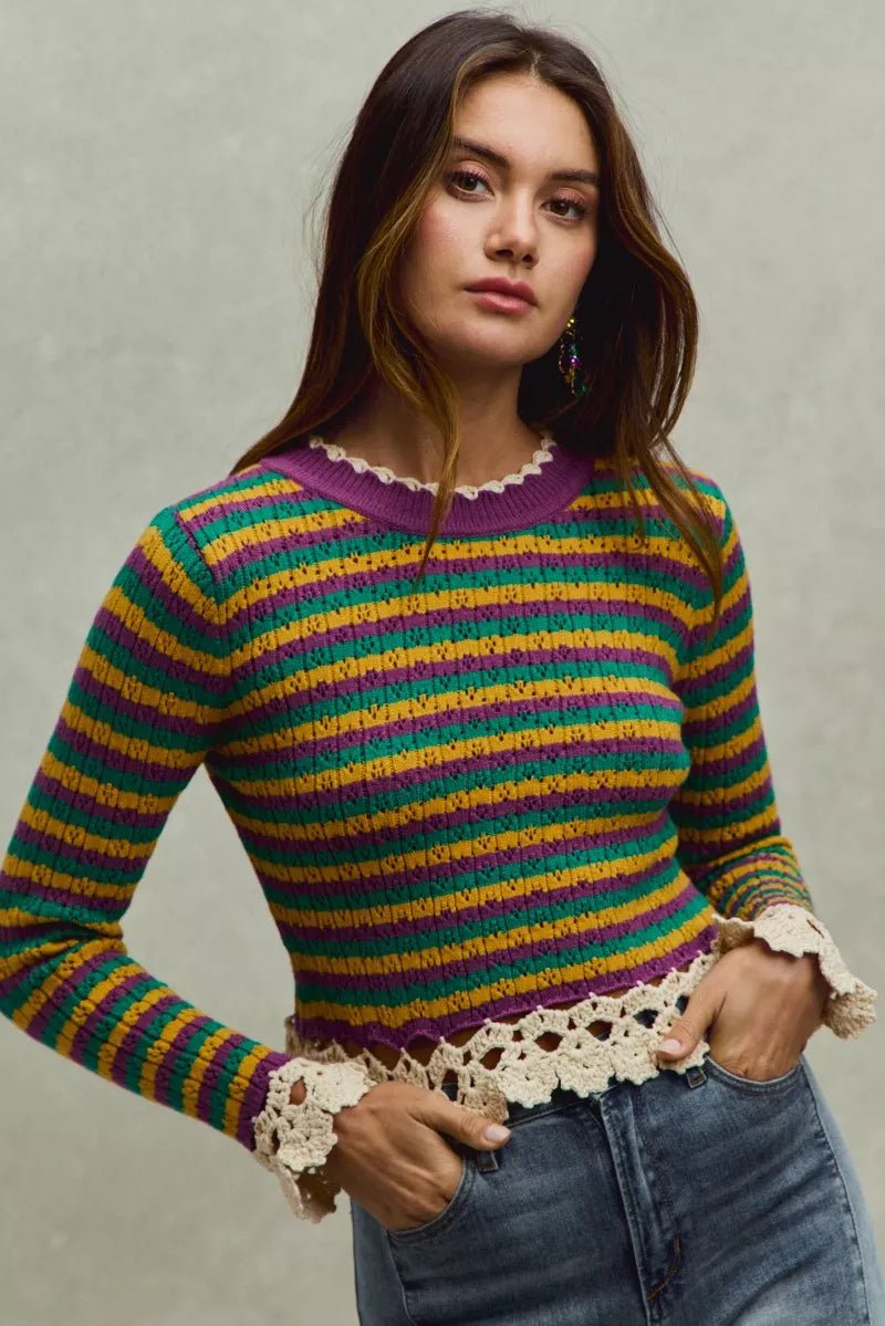 SO ME Mardi Gras Striped Cropped Knit Top with Crochet Edge - Bitsy Gypsy Boutique