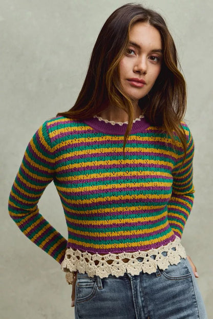 SO ME Mardi Gras Striped Cropped Knit Top with Crochet Edge - Bitsy Gypsy Boutique