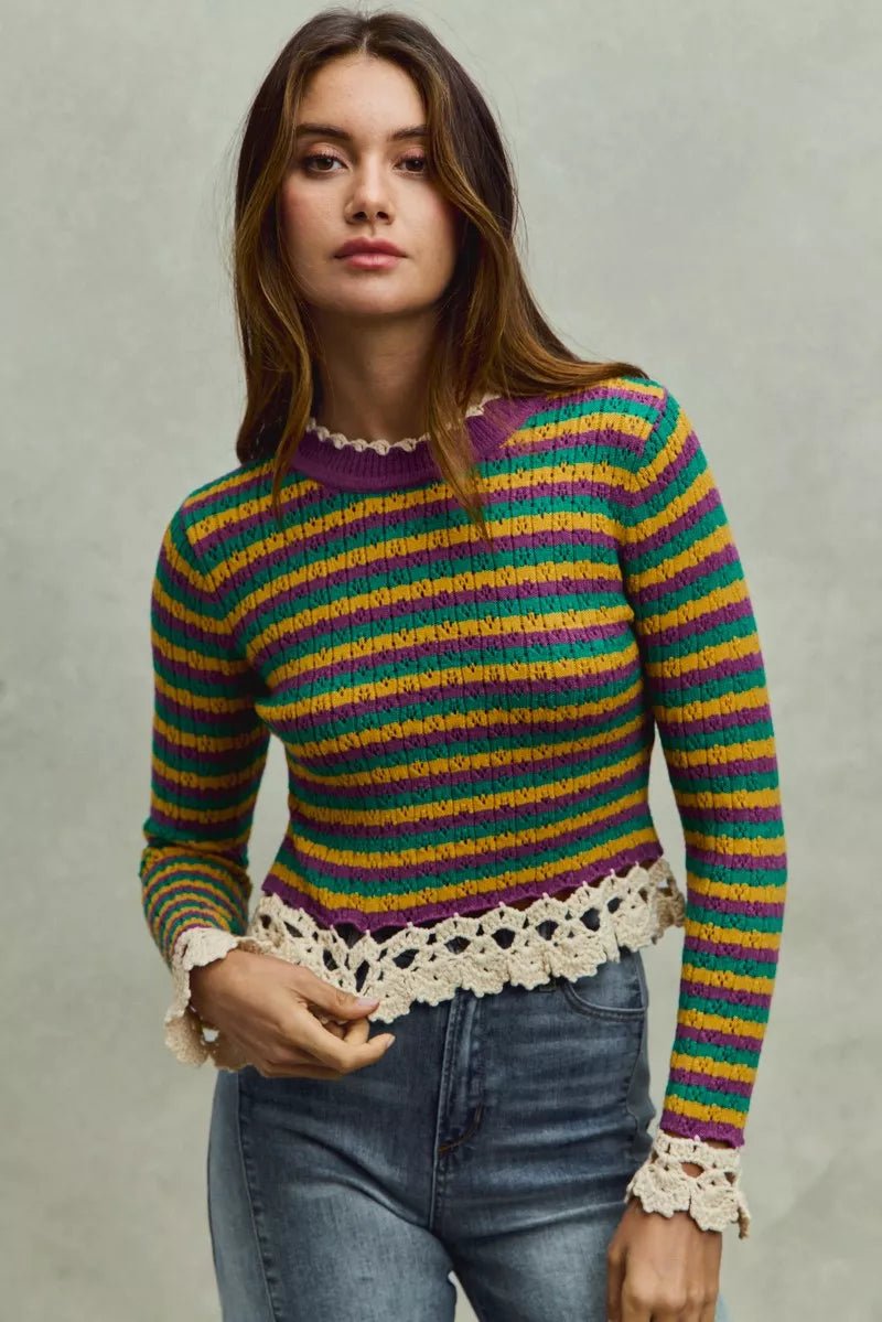 SO ME Mardi Gras Striped Cropped Knit Top with Crochet Edge - Bitsy Gypsy Boutique