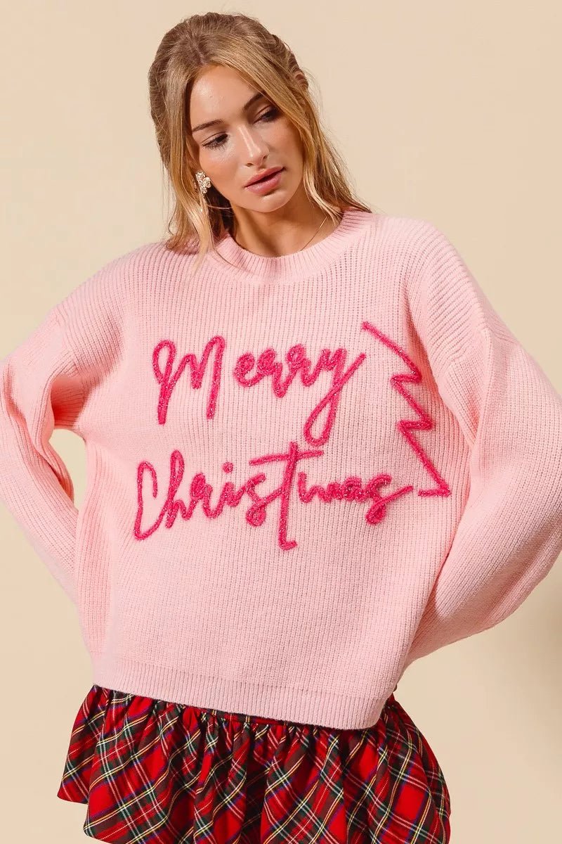 SO ME Merry Christmas Tinsel Lettering Sweater - Bitsy Gypsy Boutique
