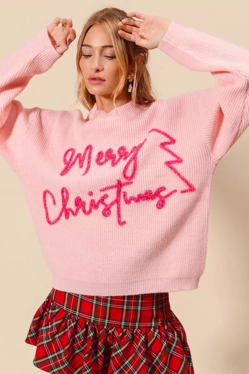 SO ME Merry Christmas Tinsel Lettering Sweater - Bitsy Gypsy Boutique