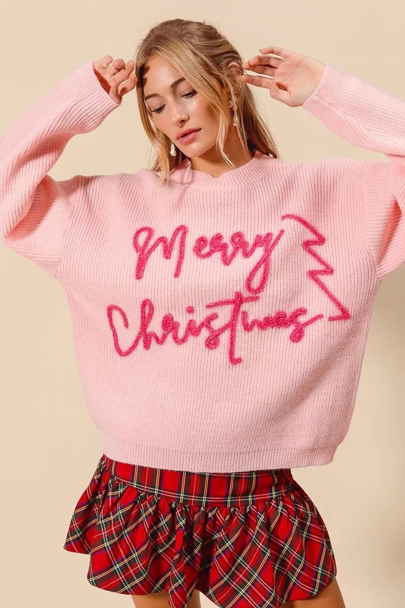 SO ME Merry Christmas Tinsel Lettering Sweater - Bitsy Gypsy Boutique