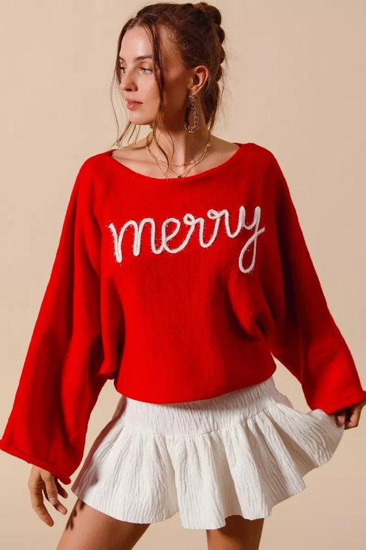 SO ME Merry Tinsel Lettering Christmas Sweater Top - Bitsy Gypsy Boutique
