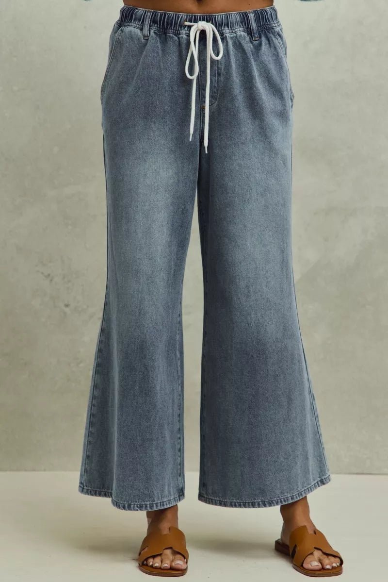 SO ME Mid Rise Elastic Waist Flare Denim Jeans - Bitsy Gypsy Boutique