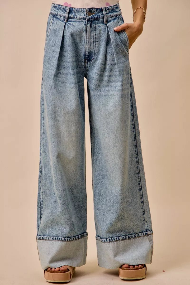 SO ME Mid Rise Plated Wid Leg Denim Jean - Bitsy Gypsy Boutique