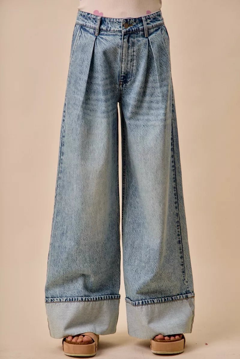 SO ME Mid Rise Plated Wid Leg Denim Jean - Bitsy Gypsy Boutique