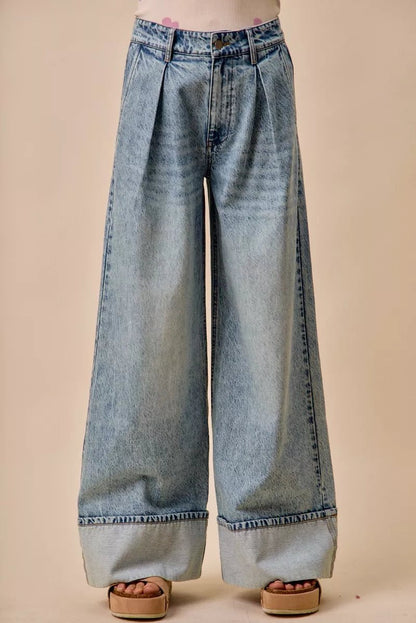 SO ME Mid Rise Plated Wid Leg Denim Jean - Bitsy Gypsy Boutique