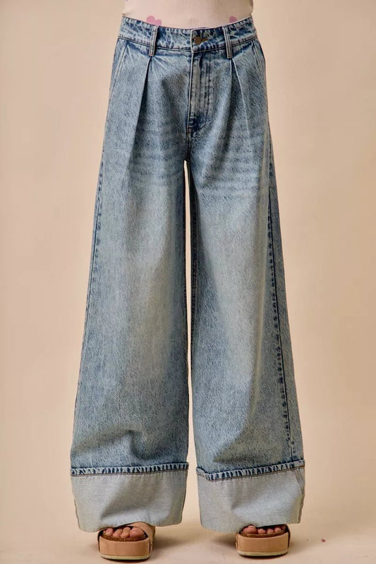 SO ME Mid Rise Plated Wid Leg Denim Jean - Bitsy Gypsy Boutique