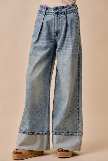 SO ME Mid Rise Plated Wid Leg Denim Jean - Bitsy Gypsy Boutique