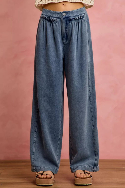 SO ME Mid Rise Ruffled Front Elastic Wide Leg Jeans - Bitsy Gypsy Boutique