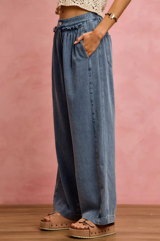 SO ME Mid Rise Ruffled Front Elastic Wide Leg Jeans - Bitsy Gypsy Boutique