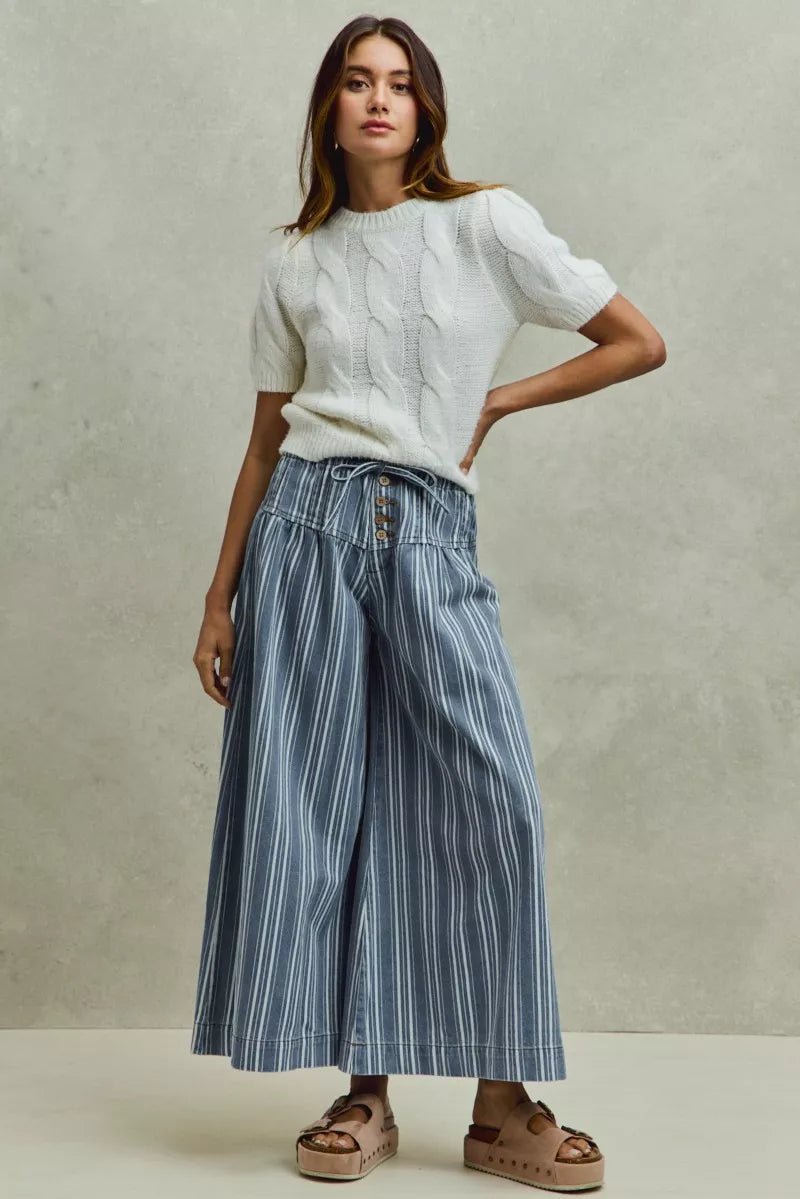 SO ME Mid Rise Stripe Denim Washed Pleat Wide Leg Pants - Bitsy Gypsy Boutique