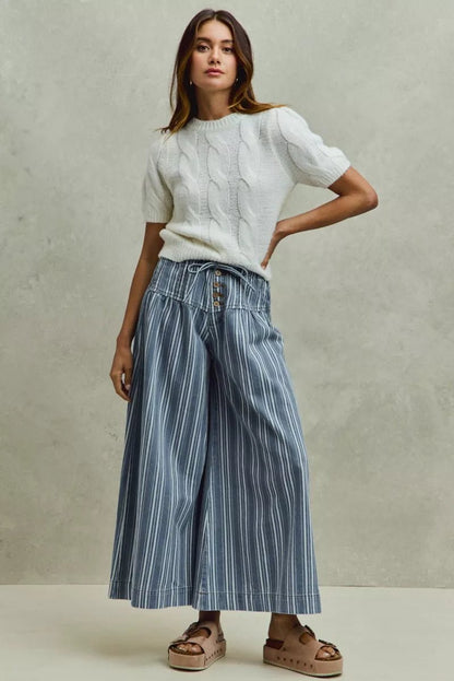 SO ME Mid Rise Stripe Denim Washed Pleat Wide Leg Pants - Bitsy Gypsy Boutique