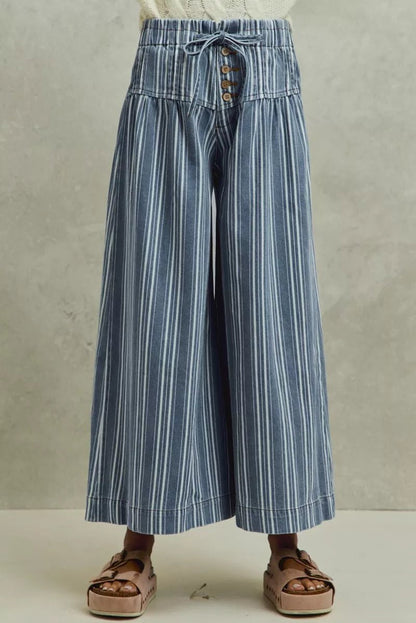 SO ME Mid Rise Stripe Denim Washed Pleat Wide Leg Pants - Bitsy Gypsy Boutique