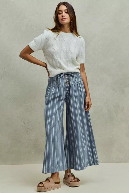 SO ME Mid Rise Stripe Denim Washed Pleat Wide Leg Pants - Bitsy Gypsy Boutique