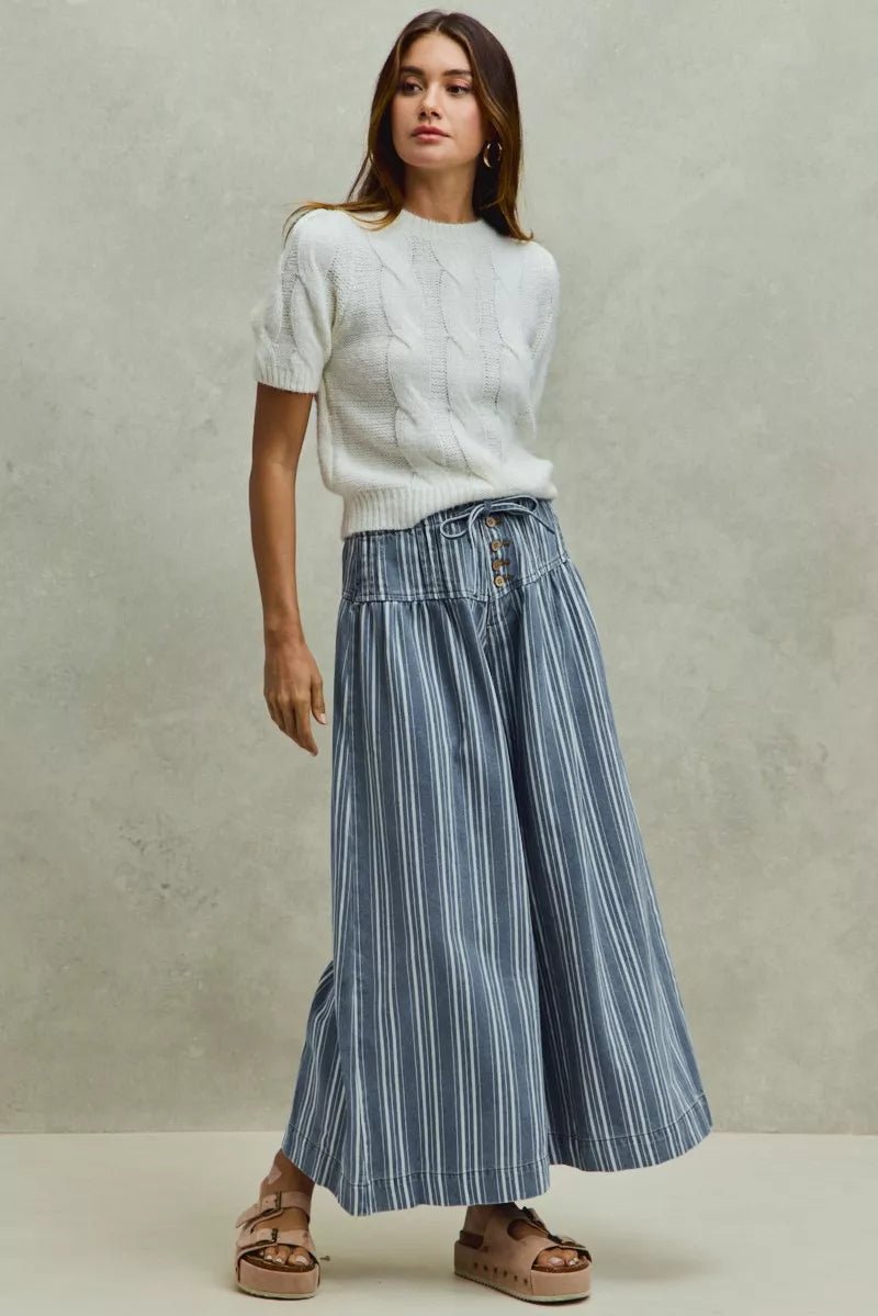 SO ME Mid Rise Stripe Denim Washed Pleat Wide Leg Pants - Bitsy Gypsy Boutique