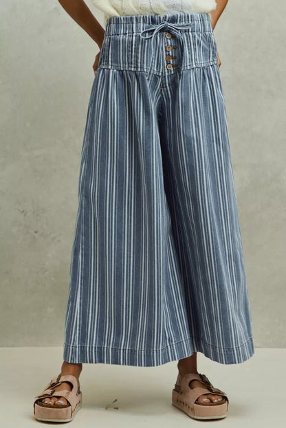 SO ME Mid Rise Stripe Denim Washed Pleat Wide Leg Pants - Bitsy Gypsy Boutique