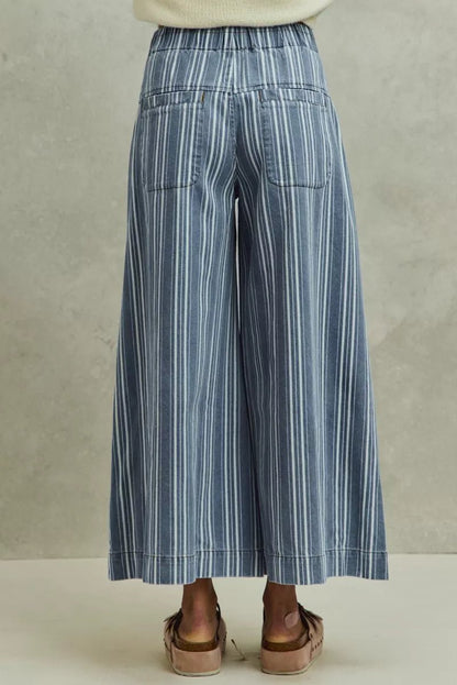 SO ME Mid Rise Stripe Denim Washed Pleat Wide Leg Pants - Bitsy Gypsy Boutique