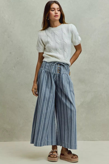 SO ME Mid Rise Stripe Denim Washed Pleat Wide Leg Pants - Bitsy Gypsy Boutique