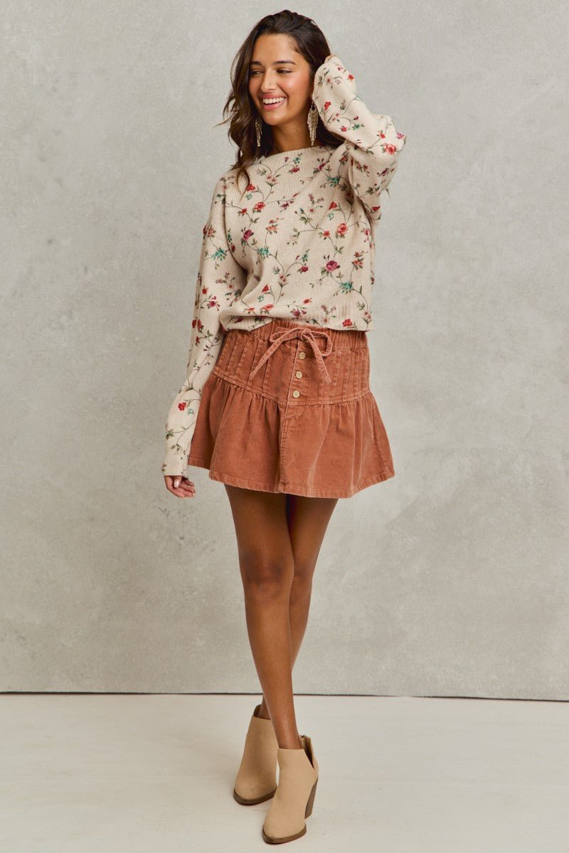 SO ME Mineral Wash Pintucked Corduroy Mini Flared Skirt - Bitsy Gypsy Boutique