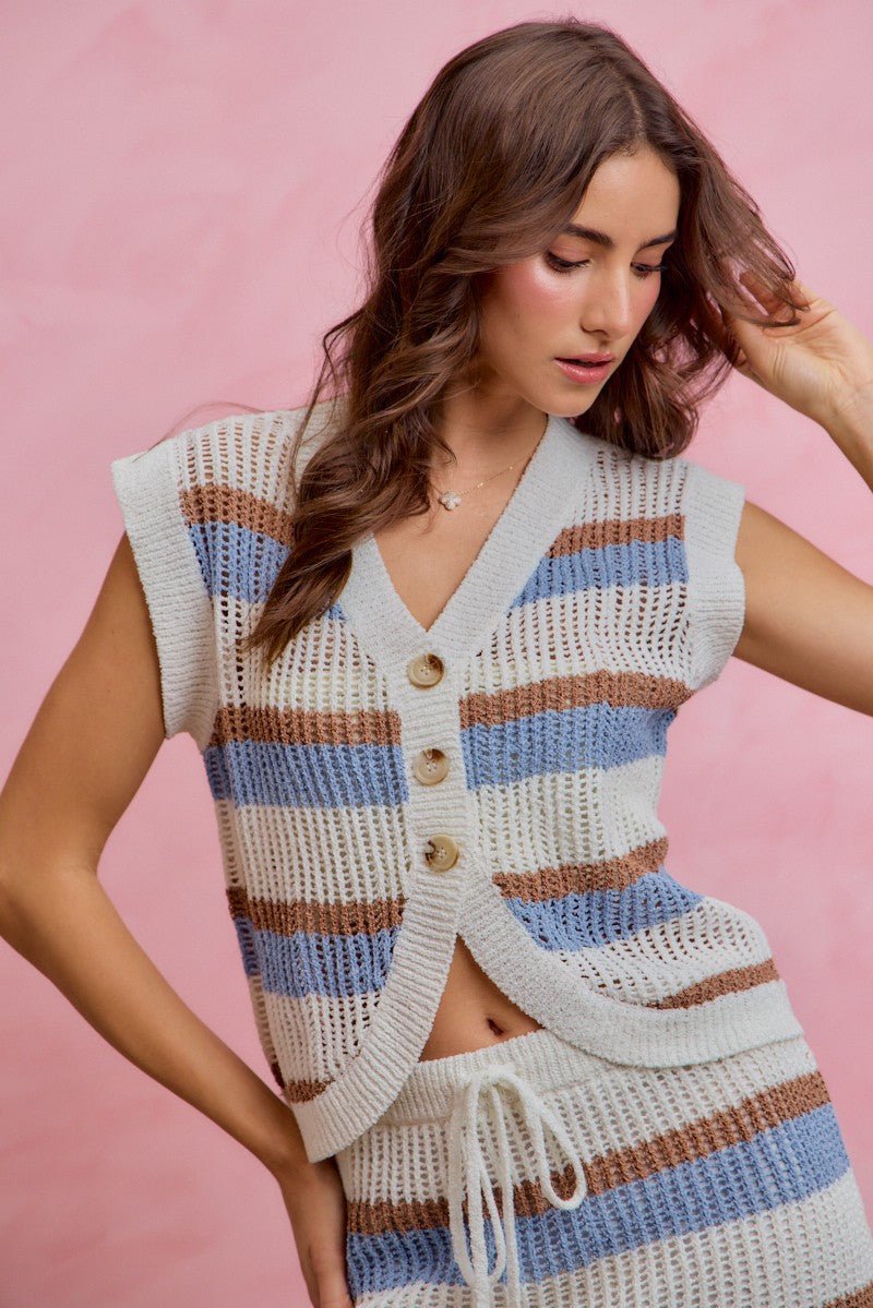 SO ME Multi Color Stripe Low Gauge Sweater Vest Top - Bitsy Gypsy Boutique
