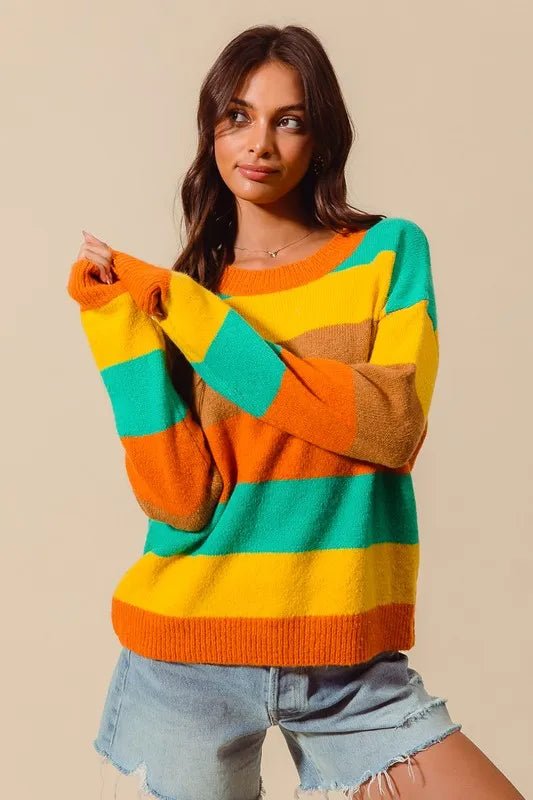 SO ME Multi Color Stripe Sweater with Ribbed Detail - Bitsy Gypsy Boutique