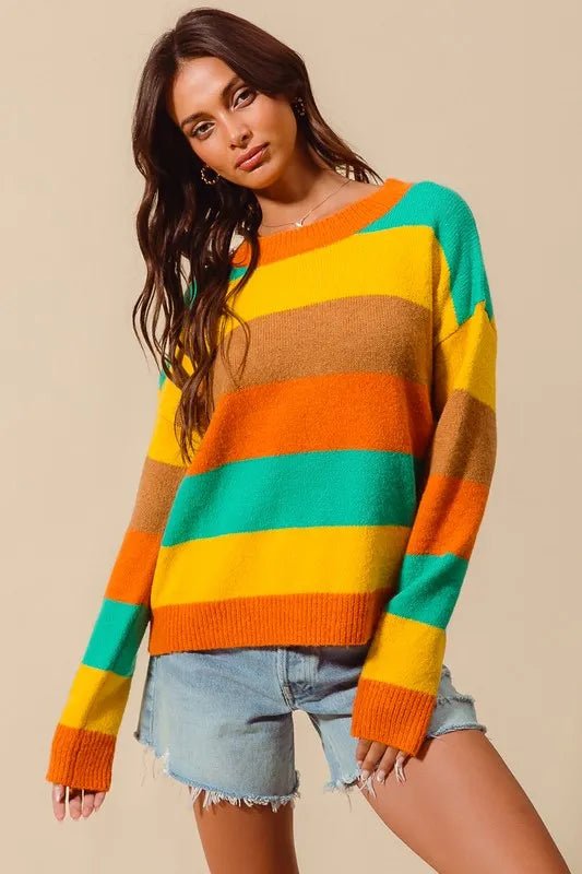 SO ME Multi Color Stripe Sweater with Ribbed Detail - Bitsy Gypsy Boutique