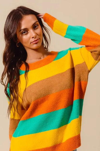 SO ME Multi Color Stripe Sweater with Ribbed Detail - Bitsy Gypsy Boutique