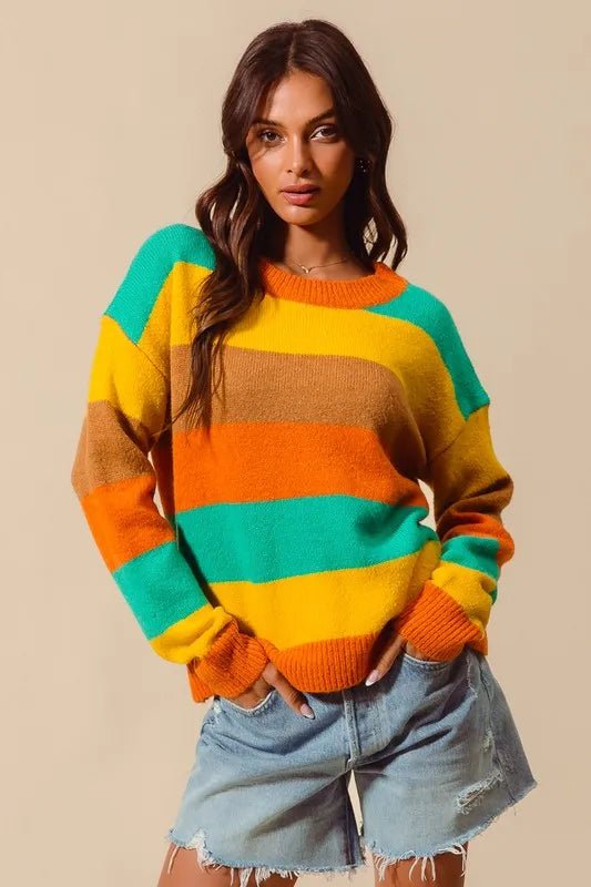 SO ME Multi Color Stripe Sweater with Ribbed Detail - Bitsy Gypsy Boutique