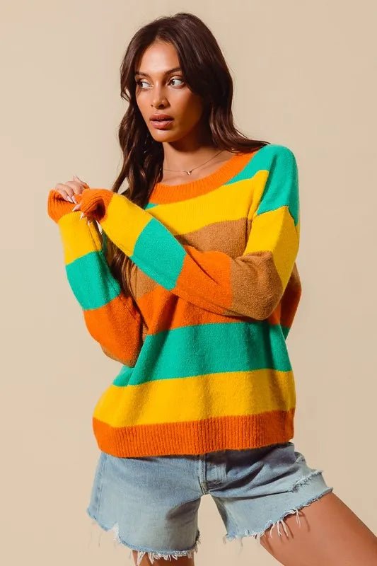 SO ME Multi Color Stripe Sweater with Ribbed Detail - Bitsy Gypsy Boutique