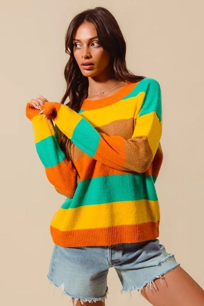 SO ME Multi Color Stripe Sweater with Ribbed Detail - Bitsy Gypsy Boutique