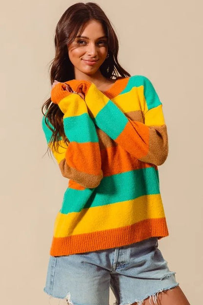 SO ME Multi Color Stripe Sweater with Ribbed Detail - Bitsy Gypsy Boutique