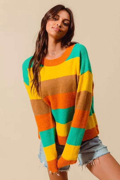 SO ME Multi Color Stripe Sweater with Ribbed Detail - Bitsy Gypsy Boutique